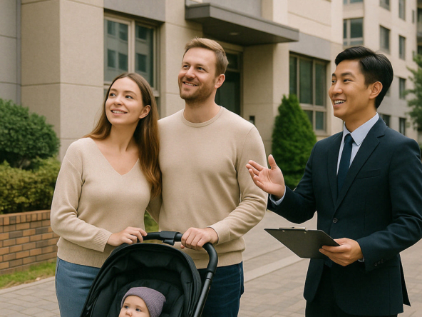 A foreign couple with a baby stroller touring an apartment complex in Seoul with a local real estate agent.